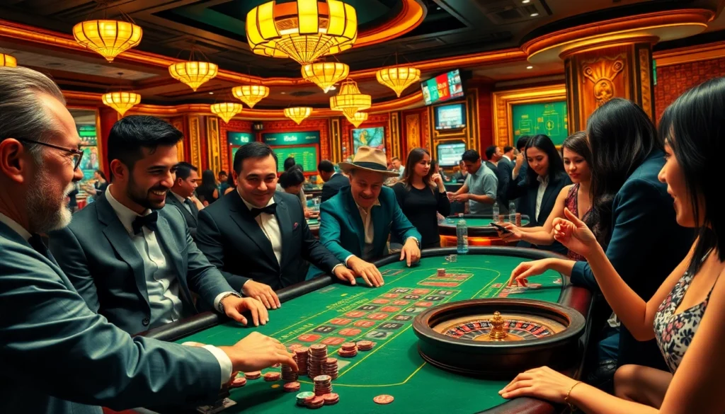 Experience thrilling gameplay at new88 com with players in a lively casino, engaged in poker and roulette action.