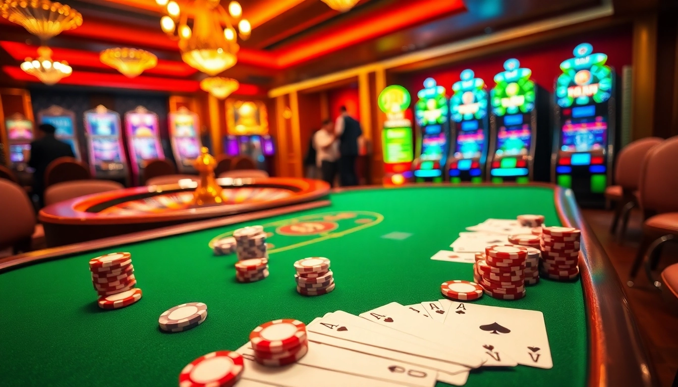 Experience the thrilling atmosphere of Nhà Cái 32win, featuring vibrant casino tables, poker chips, and a roulette wheel.