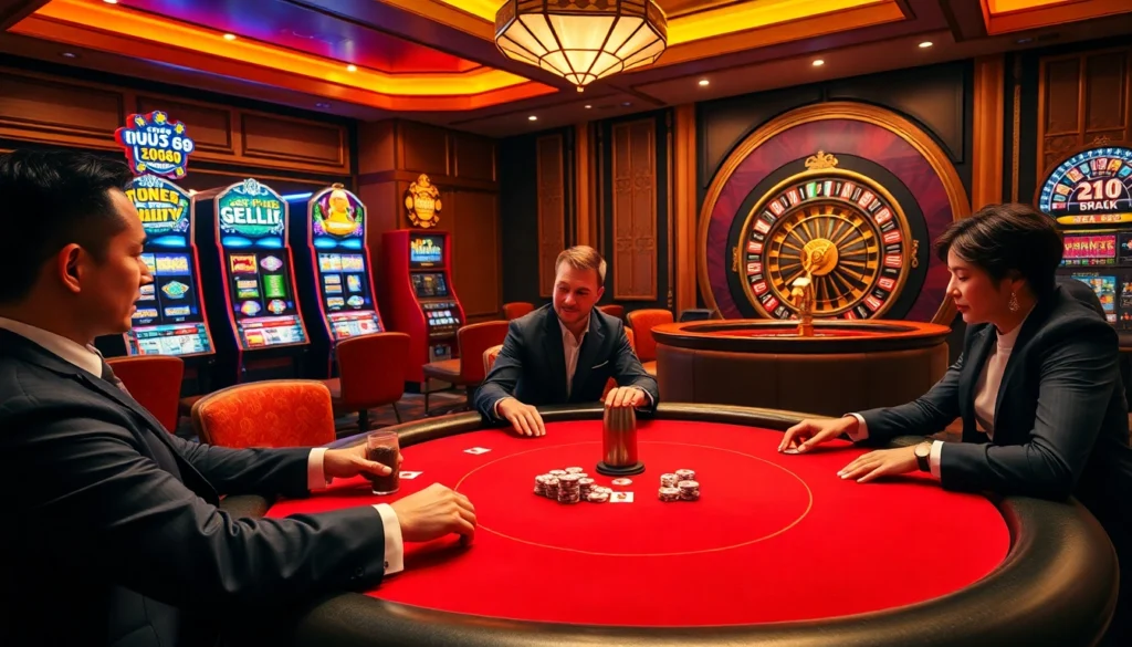 Experience the thrill of gambling at nhà cái UU88's luxurious casino, featuring poker tables and vibrant slot machines.