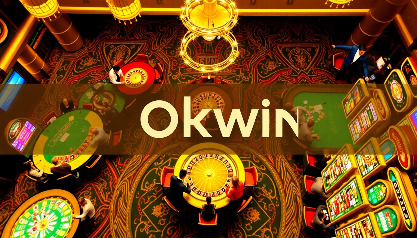 Players enjoying live gaming at Nhà Cái Okwin's luxurious casino tables, featuring roulette and poker.