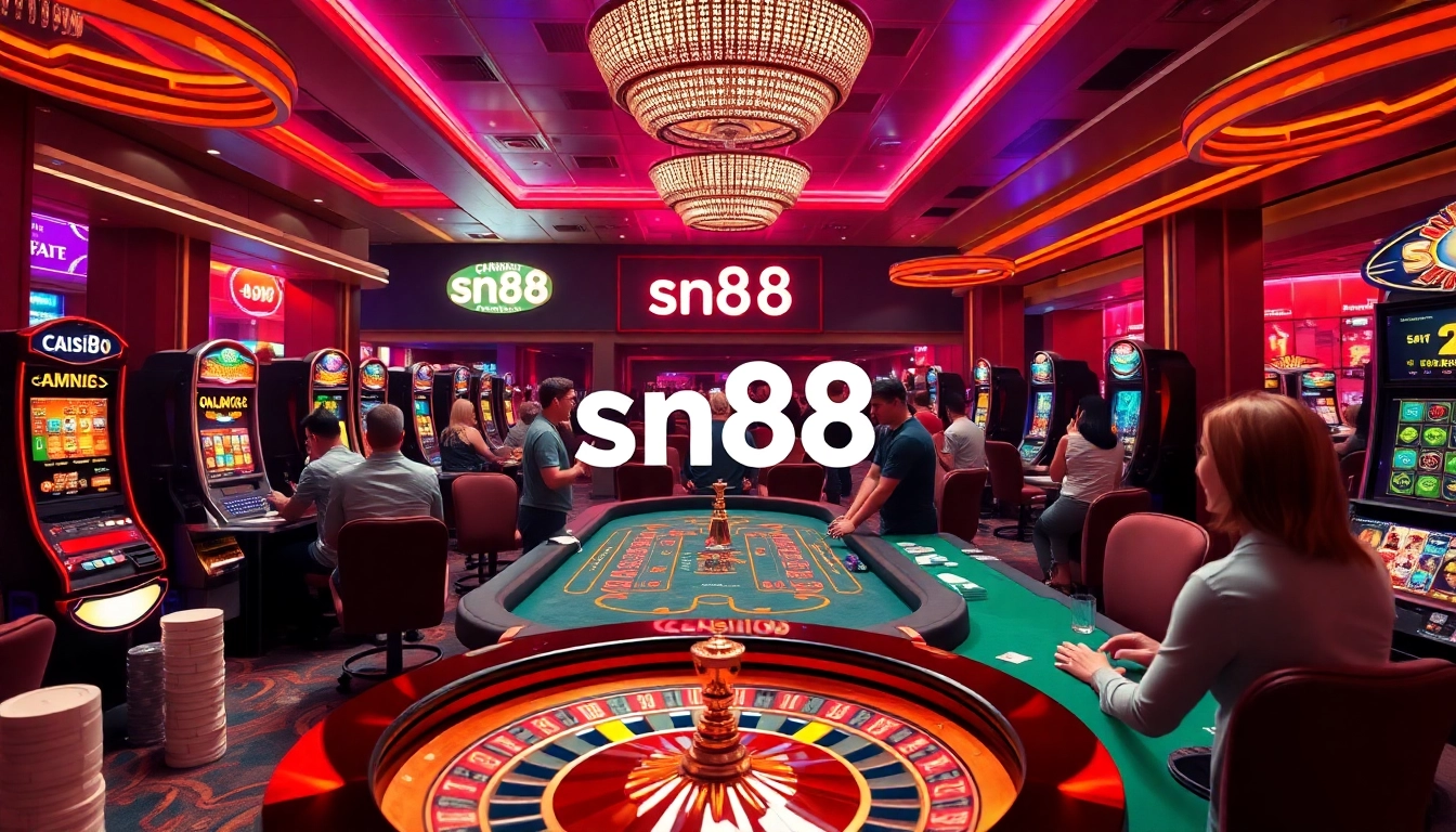 Players enjoying a dynamic casino atmosphere at sn88, featuring poker tables, roulette, and slot machines.