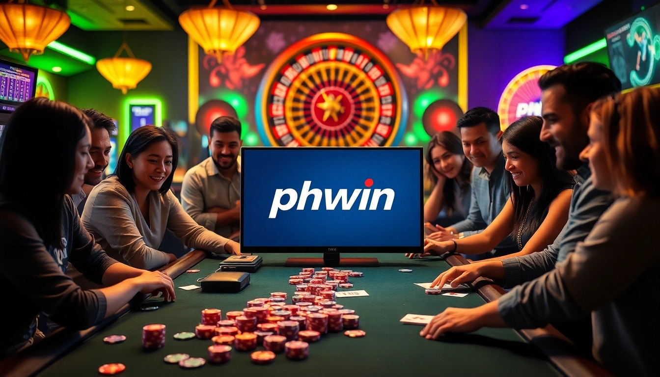 Experience the thrill of phwin with players enjoying high-stakes casino games at vibrant tables filled with chips and cards.