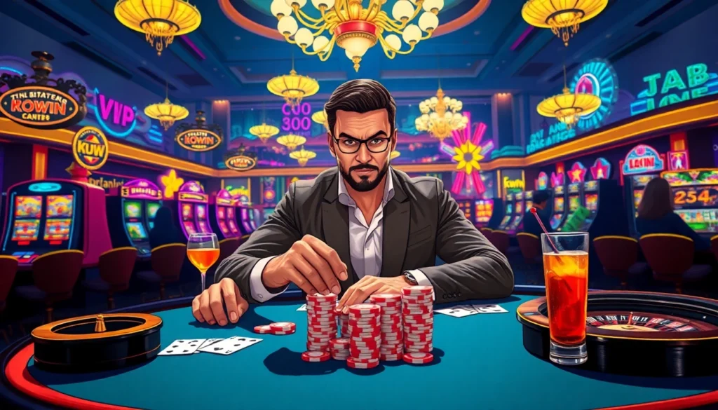 kuwin poker player making a high-stakes bet at a vibrant casino table with chips and cards.
