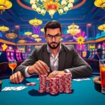 kuwin poker player making a high-stakes bet at a vibrant casino table with chips and cards.
