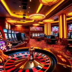 Experience the thrill of online gambling with vibrant scenes at https://ibet.gold/, featuring roulette wheels and slot machines.