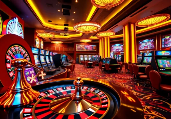 Experience the thrill of online gambling with vibrant scenes at https://ibet.gold/, featuring roulette wheels and slot machines.