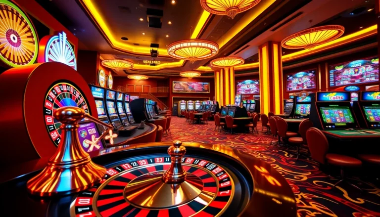 Experience the thrill of online gambling with vibrant scenes at https://ibet.gold/, featuring roulette wheels and slot machines.