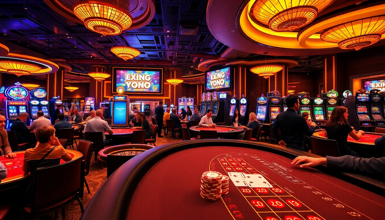 The lively casino scene features players at tables betting with '1gom' poker chips, capturing the excitement of gambling.