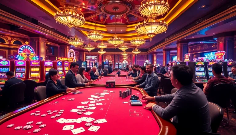 KuWin casino scene featuring players at vibrant poker tables and exciting slot machines.