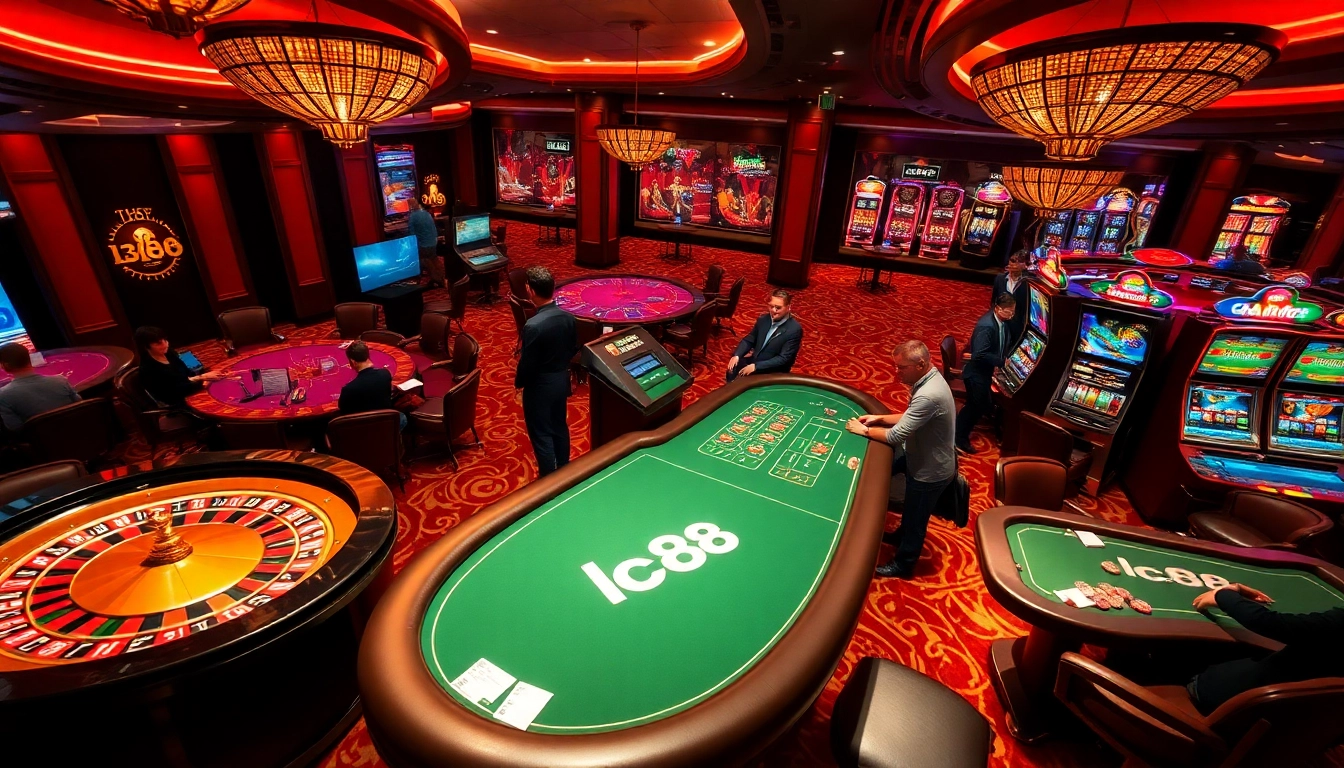 Experience the thrill of lc88 as players bet passionately at sophisticated roulette and poker tables illuminated by casino lights.
