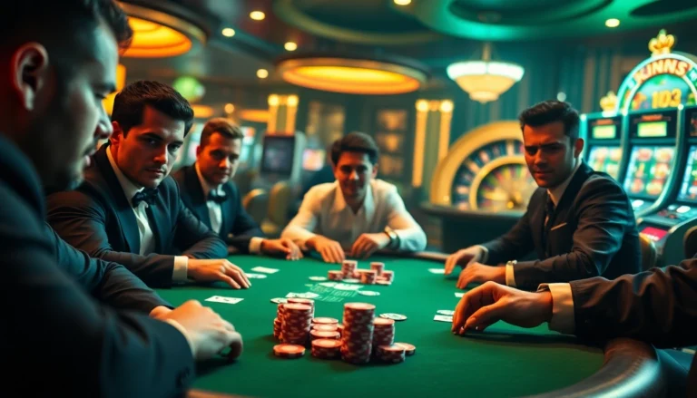 king33 poker table filled with excited players and vibrant chips, showcasing high-stakes gambling action.