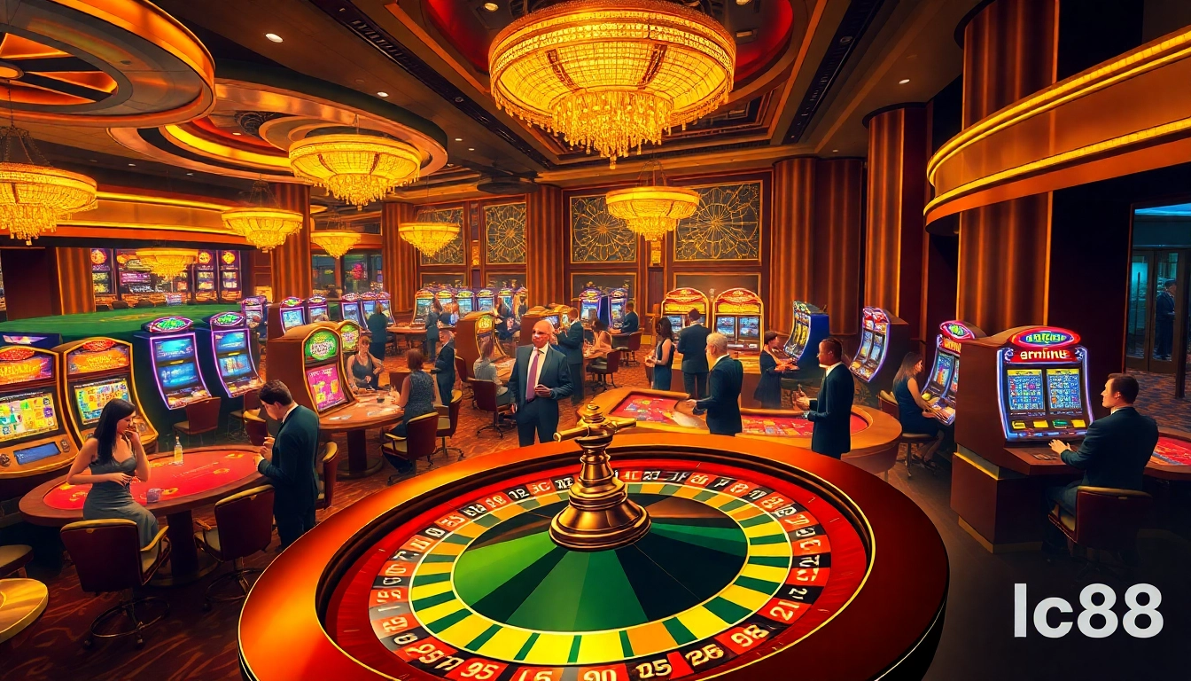 Experience the thrill at lc88 Casino with players betting at vibrant roulette and poker tables.