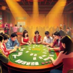 Engage in mậu binh gameplay at a lively casino table surrounded by thrilling action.