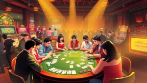 Engage in mậu binh gameplay at a lively casino table surrounded by thrilling action.