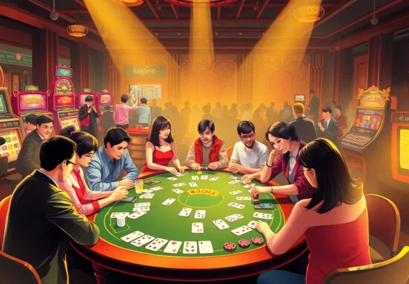 Engage in mậu binh gameplay at a lively casino table surrounded by thrilling action.