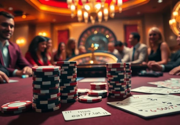 Experience the thrill of high-stakes betting at https://ea77.lat/ with vibrant poker chips and a roulette wheel.
