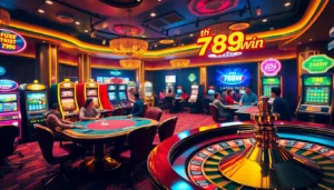 Experience the thrills of betting at tại 789win, featuring engaged players at a poker table amidst vibrant casino games.