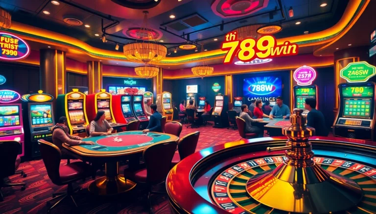 Experience the thrills of betting at tại 789win, featuring engaged players at a poker table amidst vibrant casino games.